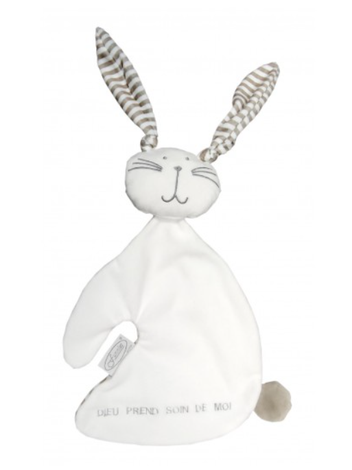 Doudou lapin blanc brodé, Dieu prend soin de moi