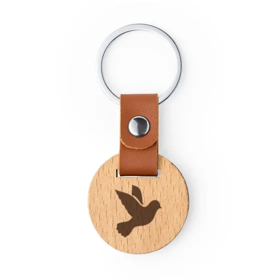 Porte-clé rond en bois et simili cuir Colombe