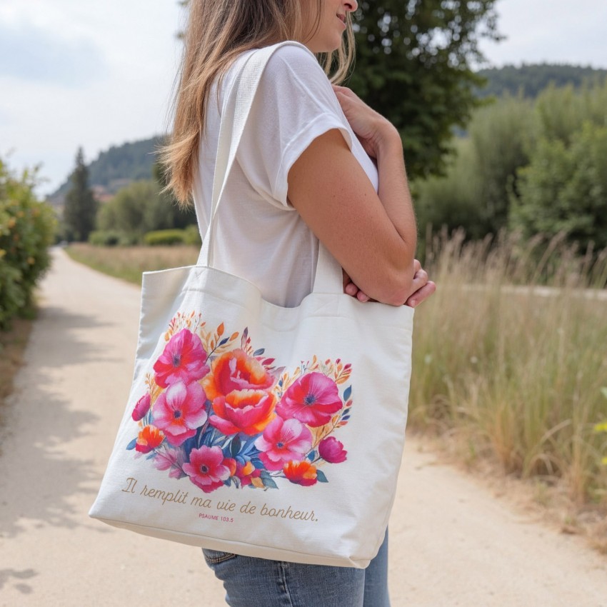 Tote bag "Il remplit ma vie de bonheur" - Ps 103.5