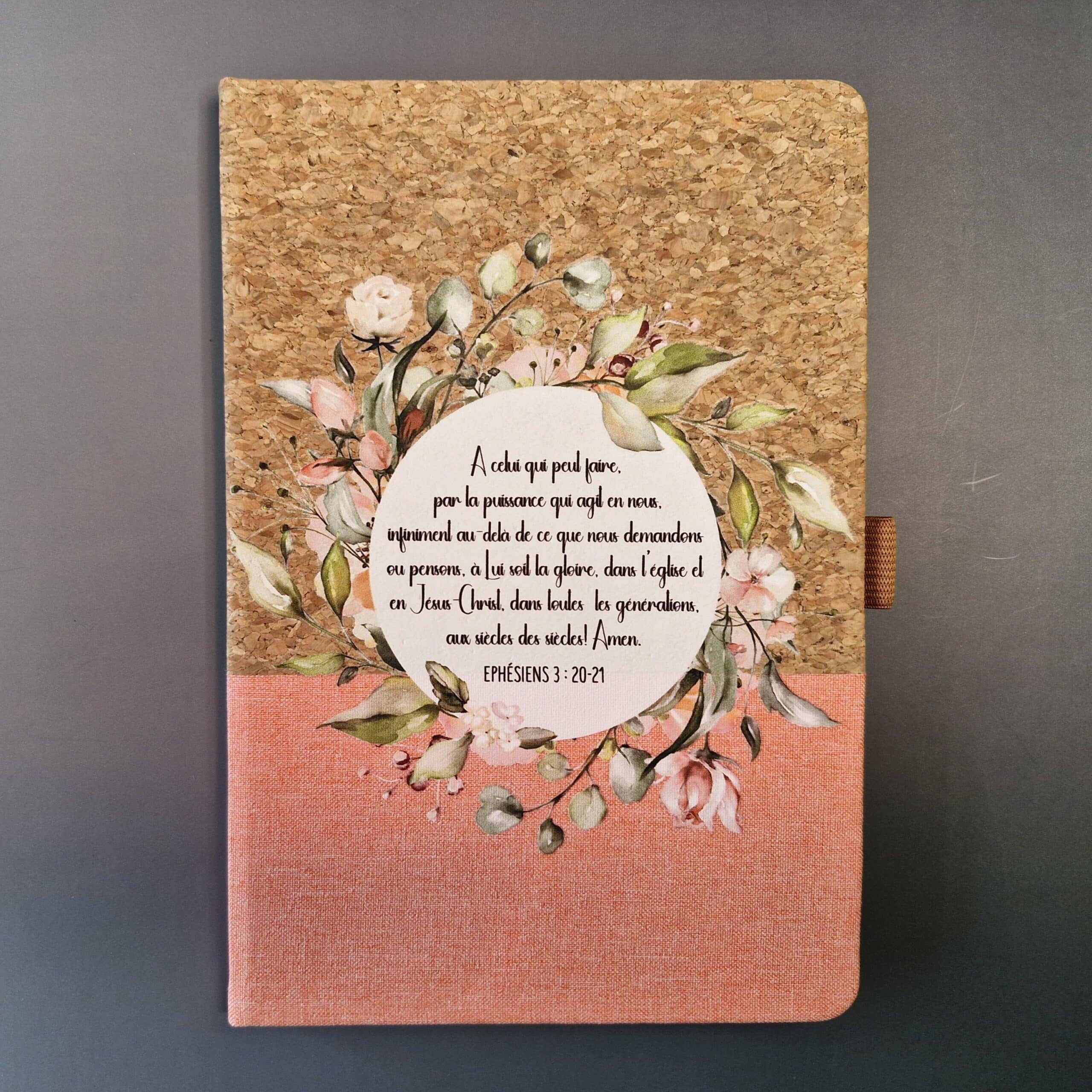 Carnet de notes Ephésiens 3: 20-21 - A5 liège et toile pêche