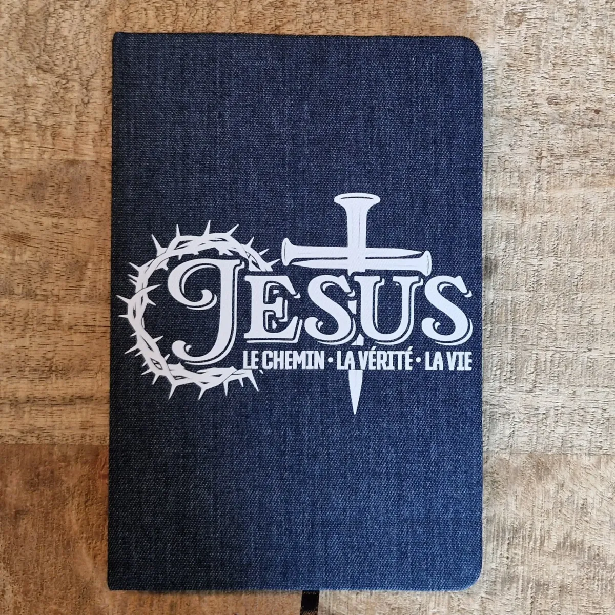 Carnet de notes Jésus le chemin, la vérité, la vie - A5 toile denim avec élastique