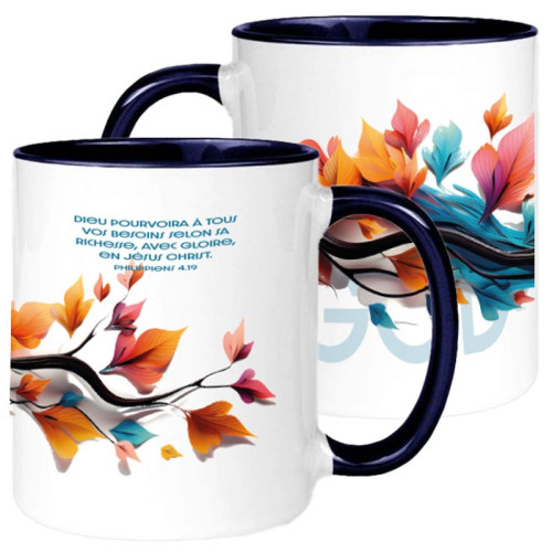 Mug bicolore blanc/bleu marine « Dieu pourvoira à tous vos besoins.... » Philippiens 4.19