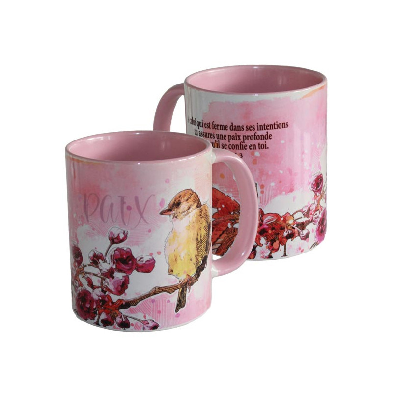 Mug bicolore blanc/rose Paix "A celui qui est ferme…" Esaïe 26.3