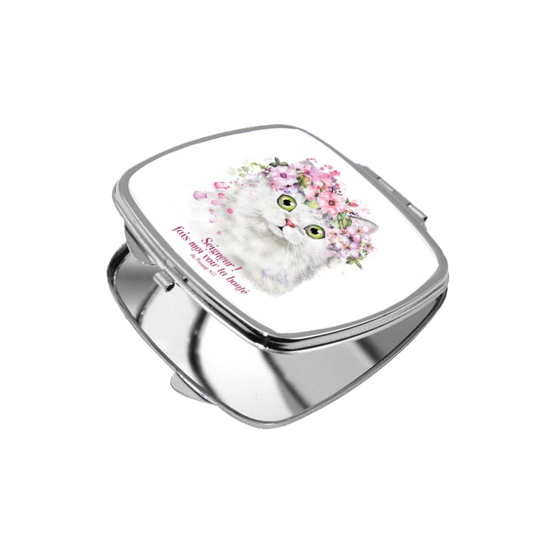 Miroir de poche carré métal, chat - "Seigneur! Fais-moi voir ta bonté." Psaume 85.7