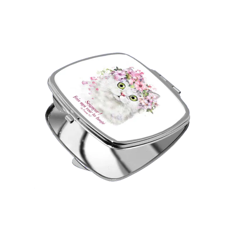 Miroir de poche carré métal, chat - "Seigneur! Fais-moi voir ta bonté." Psaume 85.7