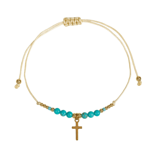 Bracelet textile avec perles turquoises - croix acier inoxydable