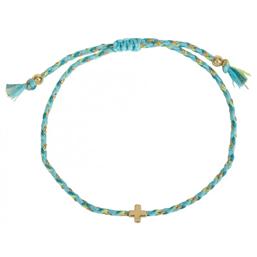 Bracelet textile tressé avec croix - turquoise