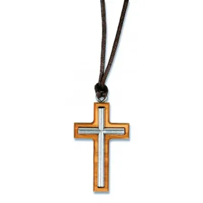 COLLIER FIL 70CM CROIX BOIS OLIVIER/ARGENTE 4X2.5CM