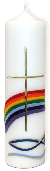 Bougie motifs arc en ciel, croix, ichtus