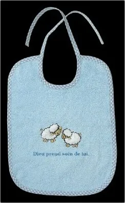 Bavoir éponge bleu avec moutons brodés - "Dieu prend soin de toi"