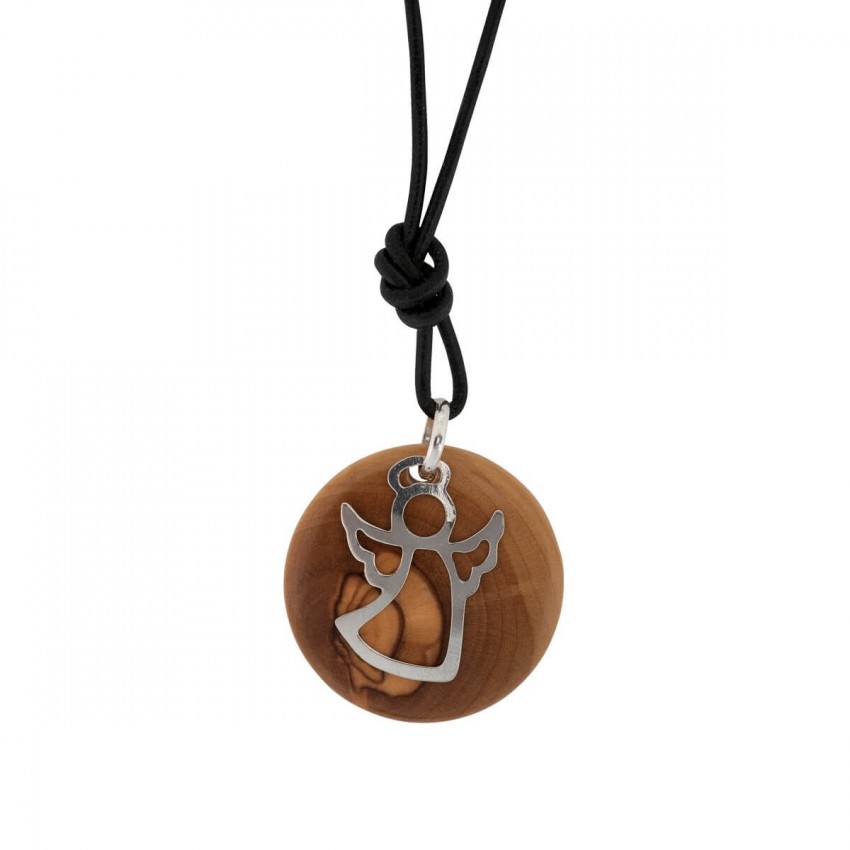 Collier avec pendentif en bois d'olivier et Ange en argent