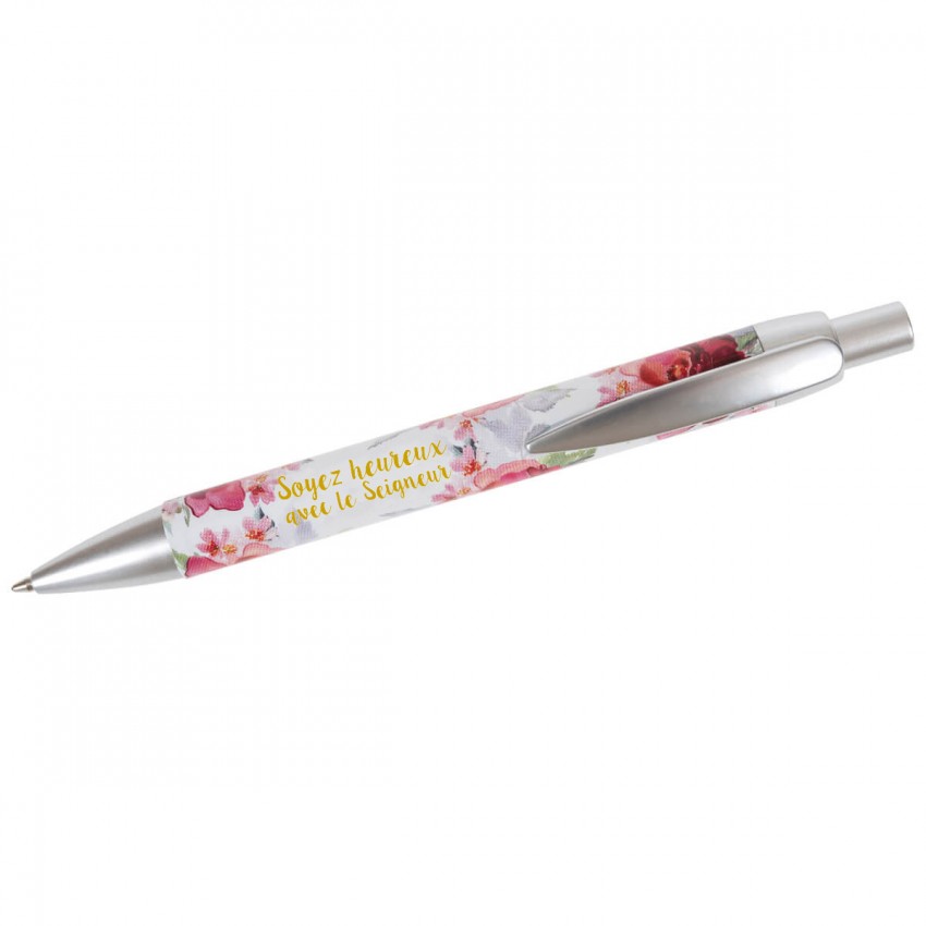 Stylo à bille - Motif pivoines - "Soyez heureux avec le Seigneur"