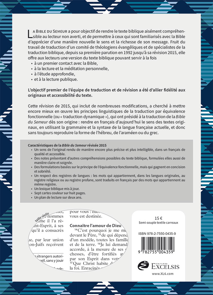 Bible Semeur 2015, compacte, couverture textile semi-souple bleue, tissu carreaux - tranche blanche