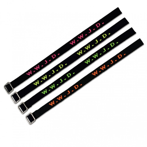 Bracelet tissé noir "W.W.J.D." - texte couleur fluo