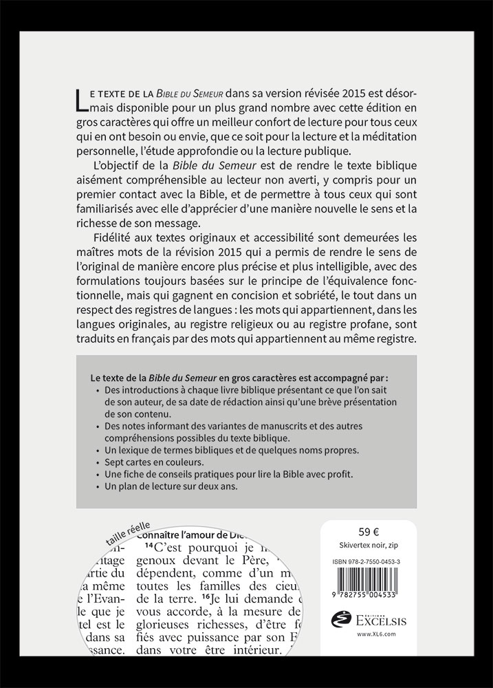 Bible Semeur 2015, gros caractères - couverture skivertex noire, avec zip (fermeture à glissière)